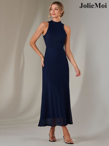 Jolie Moi Blue Halter Neck Open Back Chiffon Maxi Dress (F31519) | ₪377