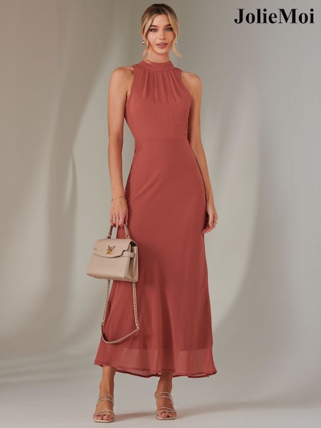 Jolie Moi Orange Halter Neck Open Back Chiffon Maxi Dress (F31522) | ₪377