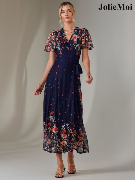 Jolie Moi Blue Mirror Print Mesh Wrap Maxi Dress (F31525) | €108