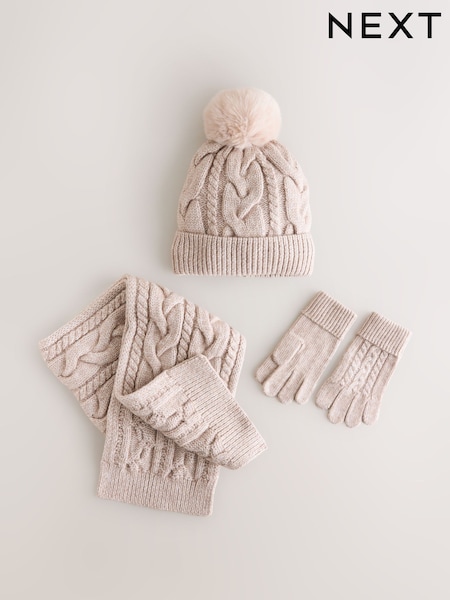 Mink Brown Cable Beanie Scarf and Gloves Set (3-16yrs) (F31622) | AED91 - AED102