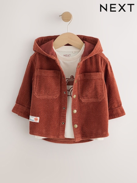 Rust Red Hooded Corduroy Overshirt & T-Shirt Set 2 Piece (3mths-7yrs) (F31791) | €33 - €39