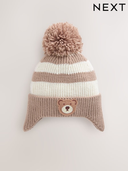 Tan/Cream Stripe Bear Pom Hat (3mths-10yrs) (F31792) | €10