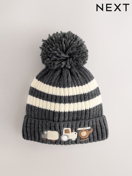 Grey/White Vehicles Embroidered - Pom Beanie Hat (3mths-10yrs) (F31797) | 11 €