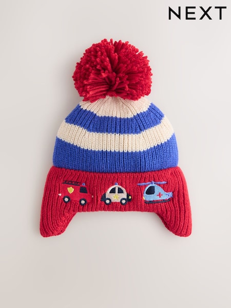 Red/Blue Emergency Vehicles Stripe Bear Pom Hat (3mths-10yrs) (F31803) | AED46