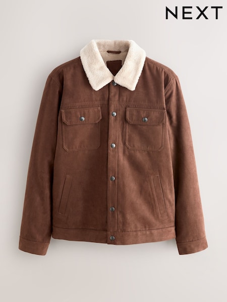Brown Faux Suede Borg Lined Trucker Jacket (F31807) | SGD 133