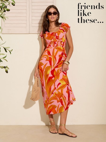 Friends Like These Orange Petite Off The Shoulder Shirred Waist Midi Dress (F31841) | AZN 100