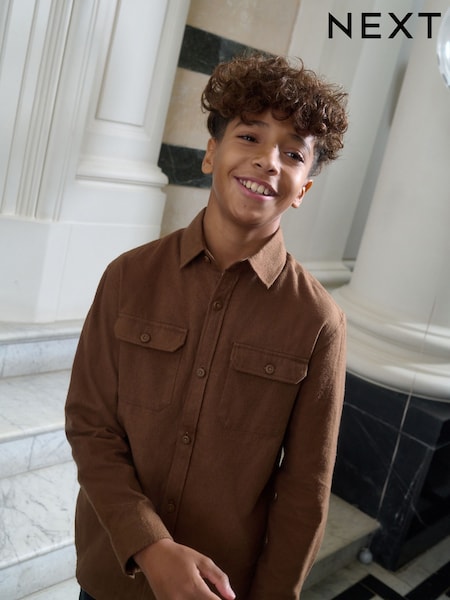 Tan Brown Long Sleeve Plain Double Pocket Shirt (3-16yrs) (F31845) | AED86 - AED112