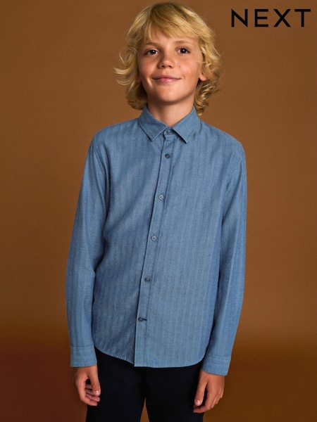 Blue Long Sleeve Herringbone Shirt (3-16yrs) (F31849) | 69 QAR - 89 QAR