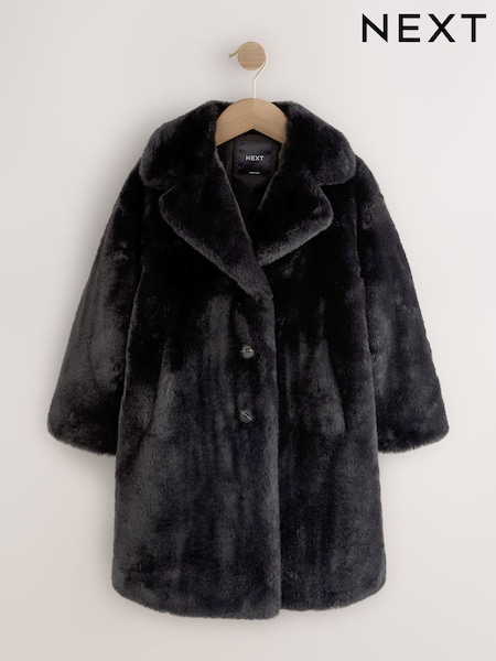 Black Faux Fur Longer Length Coat (3-16yrs) (F31853) | €44 - €56