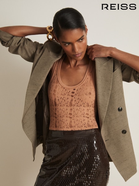 Reiss Tan Francesca Atelier Ladder Knit High Neck Bodysuit (F32050) | AED728