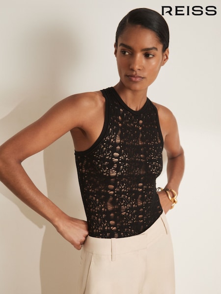 Reiss Black Francesca Atelier Lace-Knit High-Neck Bodysuit (F32053) | AED900