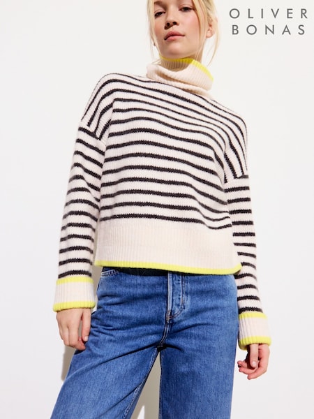 Oliver Bonas White Striped Roll Neck Knitted Jumper (F32061) | 3,605 UAH