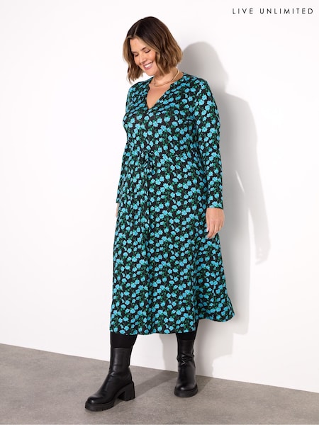 Live Unlimited Black Floral Petite Pleated Wrap With Blouson Sleeves Dress (F32147) | €42