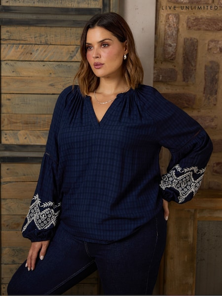 Live Unlimited Curve Blue Embroidered Sleeve Top (F32148) | kr1 071