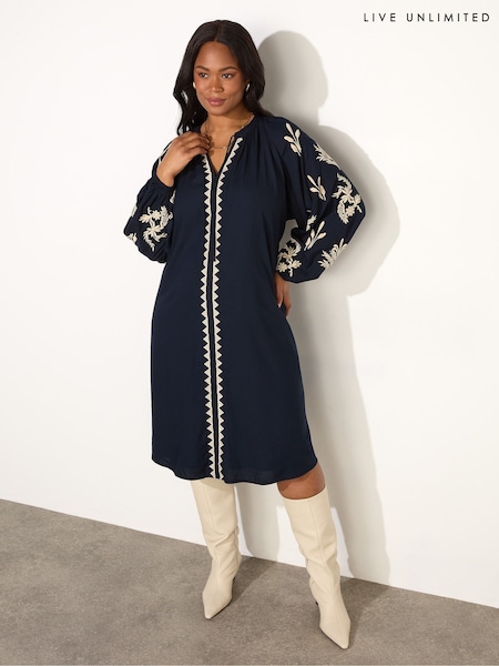 Live Unlimited Blue Embroidered Sleeve Tie Neck Dress (F32150) | R$ 980