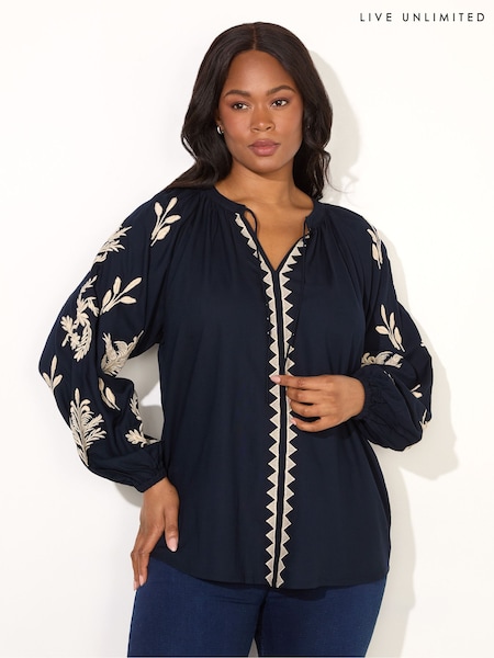 Live Unlimited Curve Blue Embroidered Sleeve Tie Neck Top (F32162) | 4,506 UAH
