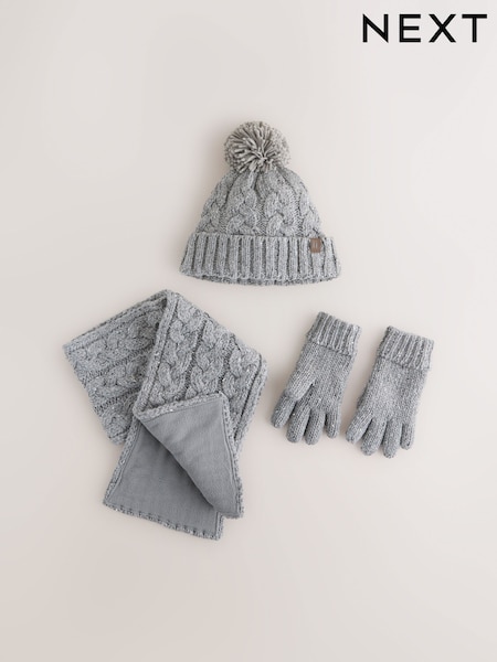 Grey Cable Knit Hat Gloves & Scarf 3 Piece Set (3-16yrs) (F32256) | 84 QAR - 99 QAR