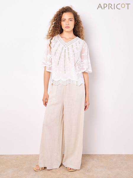 Apricot White Lace Detail 100% Cotton Embroidered Mesh Top (F32265) | €44