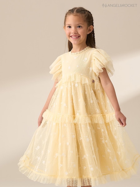 Angel & Rocket Yellow Luisa Sunshine Embroidered Mesh Dress (F32312) | AED226 - AED268