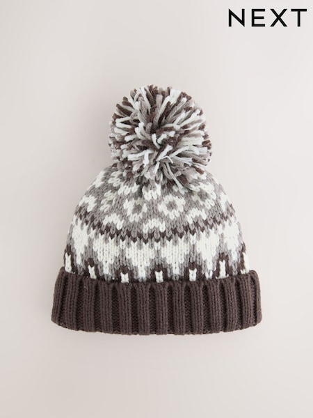 Mocha Brown Fairisle Pom Beanie Hat (3mths-16yrs) (F32318) | €10 - €11