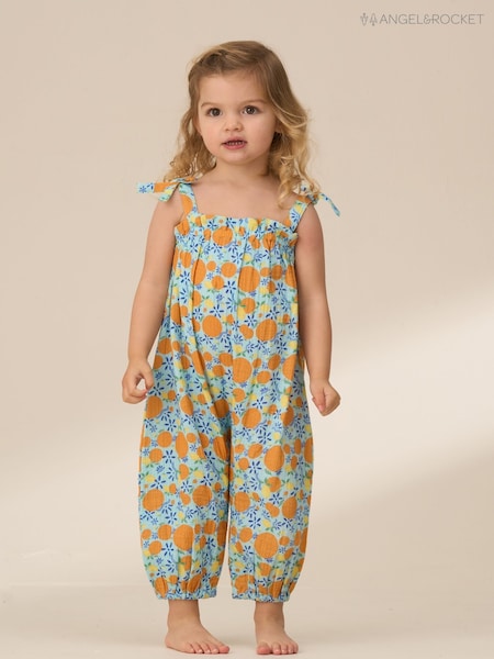 Angel & Rocket Blue Carrie Double Cloth Fruit Print 100% Cotton Romper (F32360) | R$ 255 - R$ 275