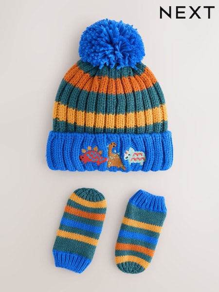 Multi Colour Embroidered Pom Beanie Hat & Mittens 2 Piece Set (3mths-10yrs) (F32401) | €16