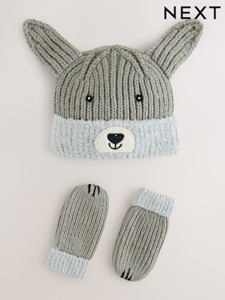 Grey Dog Hat & Mittens 2 Piece Set (3mths-6yrs) (F32403) | €20