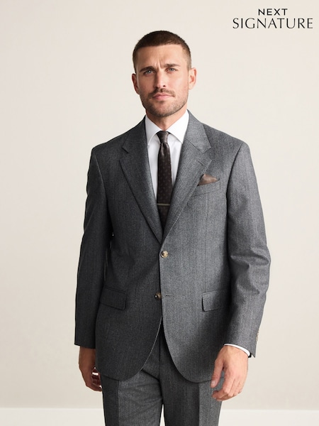 Charcoal Grey Regular Signature Marzotto Herringbone Suit Jacket (F32461) | €192