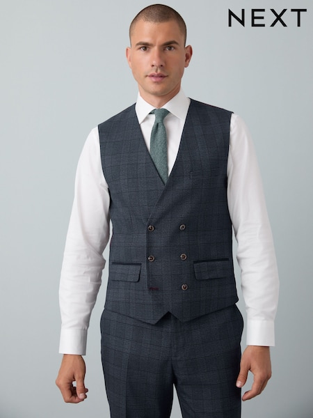 Blue Tailored Fit Trimmed Check Suit Waistcoat (F32467) | AED241