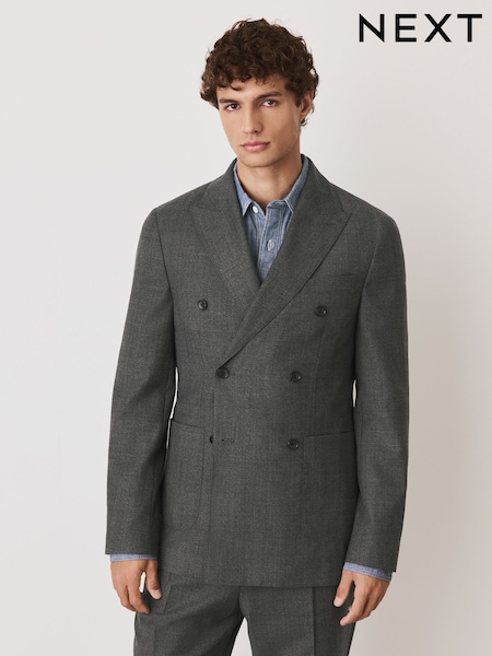 Grey Double Breasted Wool Blend Check Suit Jacket (F32476) | R$ 1.150