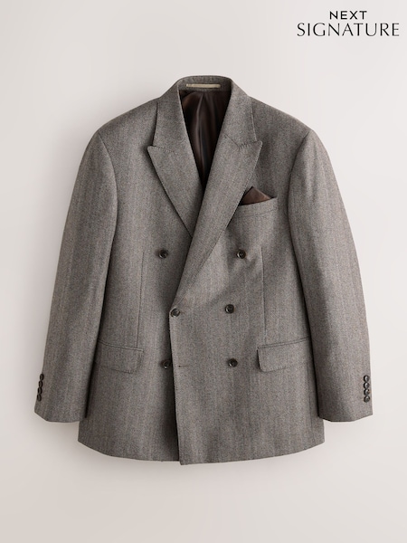 Taupe Double Breasted Signature Marzotto Herringbone Suit Jacket (F32484) | 792 QAR