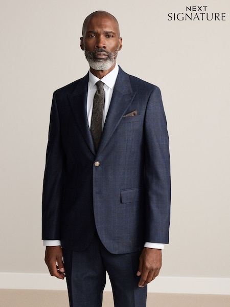 Navy Slim Fit Signature Marzotto 100% Italian Wool Check Suit Jacket (F32499) | 935 QAR
