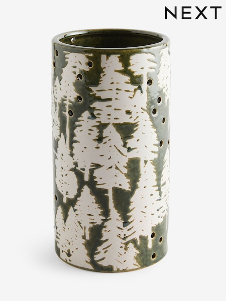 Green Ceramic Embossed Tree Candle Holder Hurricane (F32503) | €24