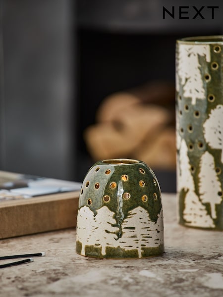 Green Ceramic Embossed Tree Candle Holder Tealight (F32587) | €13