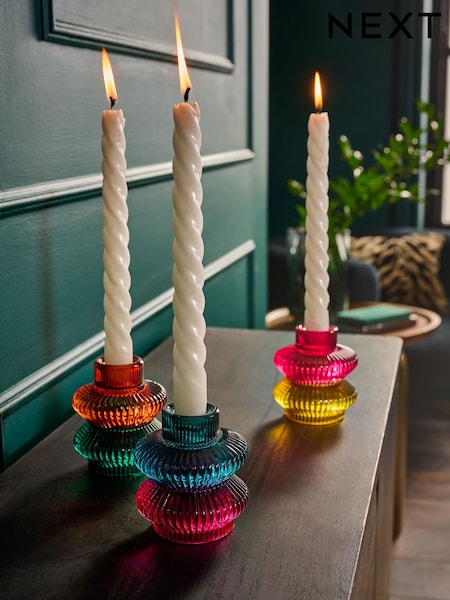Set of 3 Multicolour Glass Tea Light and Taper Candle Holders (F32603) | €22