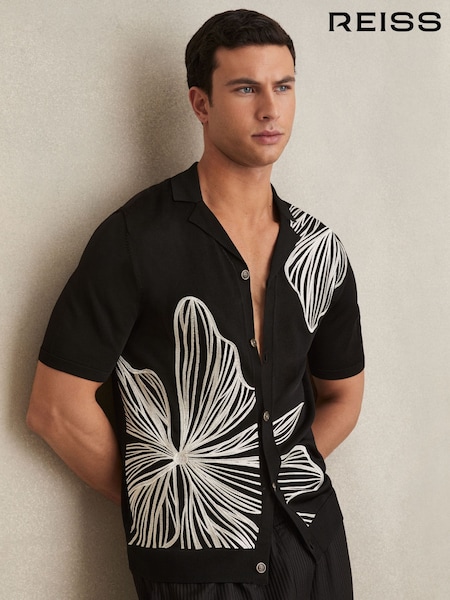 Reiss Black Laurent Flower Embroidered Knit Shirt (F32813) | €213