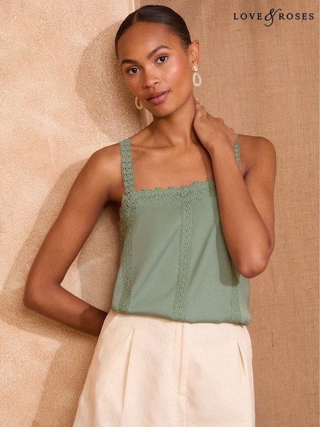 Love & Roses Sage Green Square Neck Satin Lace Camisole (F32864) | R$ 295