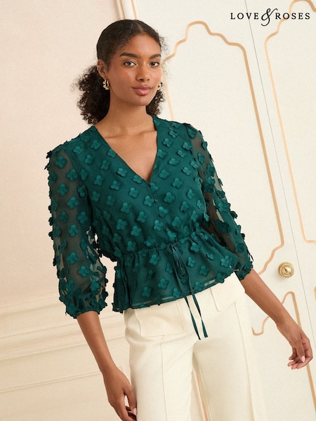 Love & Roses Teal Blue V-Neck 3/4 Sleeve Peplum Blouse (F32874) | 2,403 UAH