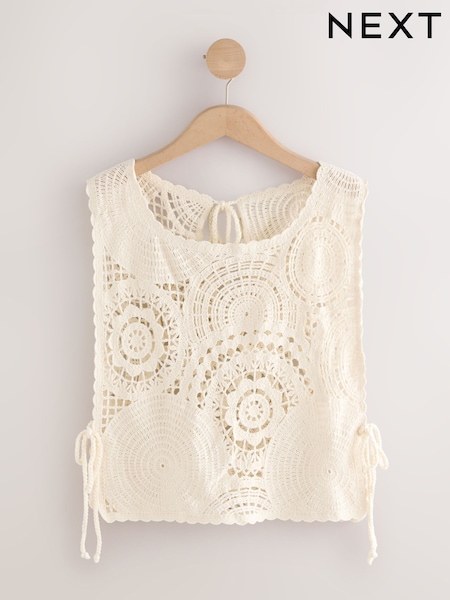 Ecru - 100% Cotton Cropped Crochet Tabbard Cover-Up (F32909) | R$ 315