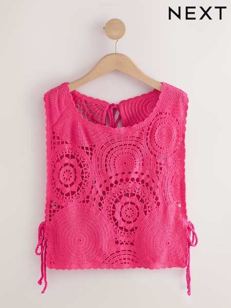 Vaaleanpunainen - 100% Cotton Cropped Crochet Tabbard Cover-Up (F32913) | €50