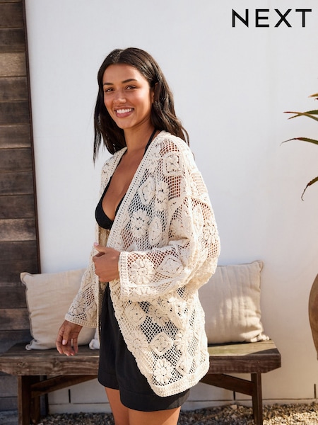 Ecru - 100% Cotton Slouchy Crochet Kimono (F32922) | R$ 455