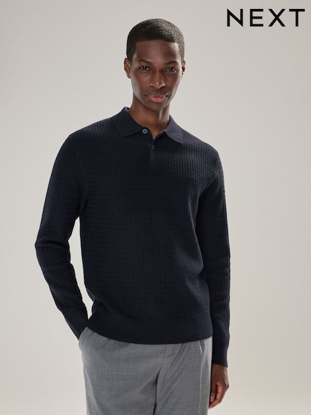 Navy Blue Regular Fit Textured Essential Long Sleeve Knitted Polo Shirt (F33112) | 119 QAR