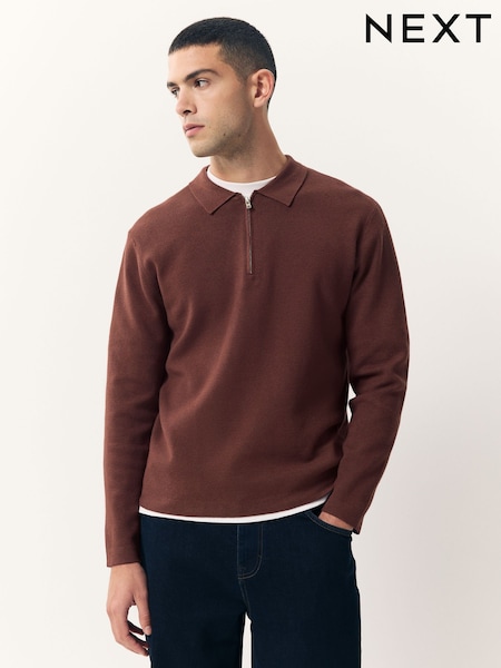 Rust Red Zip Neck Regular Fit Premium Long Sleeve Knit Polo Shirt (F33116) | 178 QAR