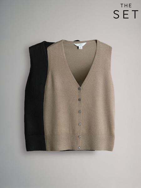 The Set Black/Taupe Brown Button Through Knitted Vests 2 Pack (F33134) | 124 QAR