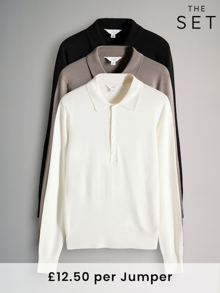 The Set Black/Taupe Brown/Cream 3 Pack Fine Knit Collared Polo Shirts (F33142) | €47