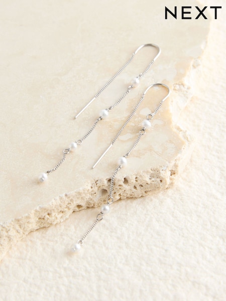 Sterling Silver Tone Fresh Water Pearl Thread Through Earrings (F33198) | €29