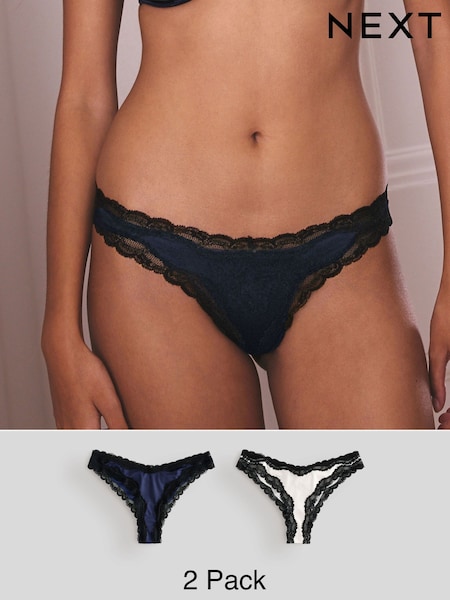 Navy/Champagne High Shine & Lace Trim Brazilian Knickers 2 Pack (F33239) | €17
