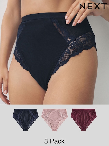 Navy/Berry/Pink High Waist Lace Trim Knickers 3 Pack (F33241) | €38