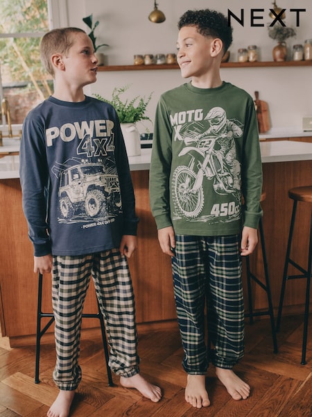 Blue/Green Vehicle Long Sleeve Woven Check Pyjamas 2 Pack (3-16yrs) (F33326) | €34 - €43