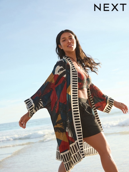 Aztec Palm Print Longline Kimono Cover-Up (F33352) | €50.50